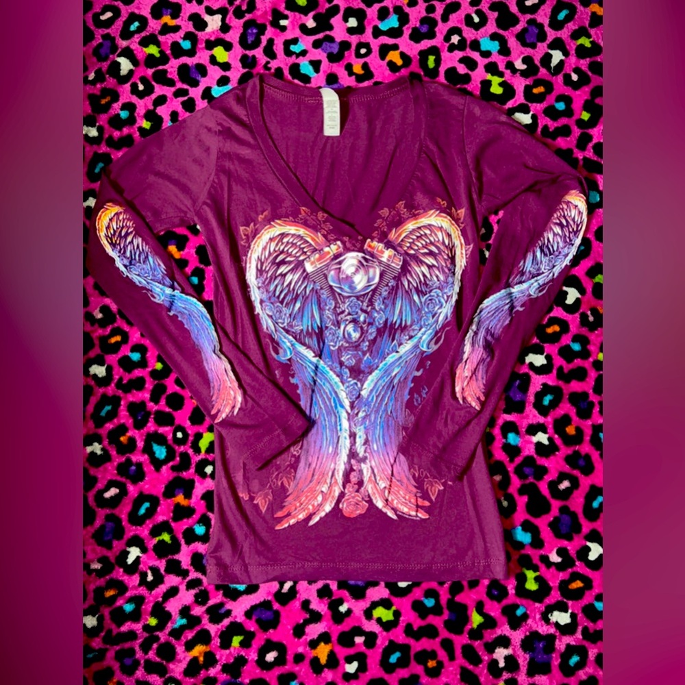 Small Hot Leathers Purple Angel Wing Graphic Long Sleeve Top